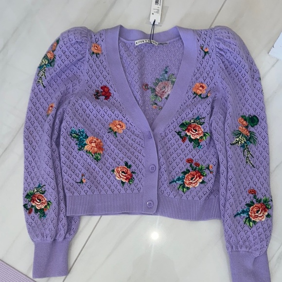 Alice + Olivia Sweaters - Alice + Olivia Lavender Floral Embroidered Cropped Cardigan